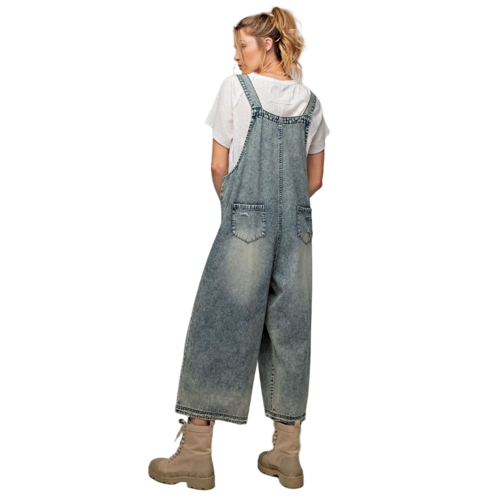 Easel Distressed Blue Denim Overalls - Picture 2 of 7